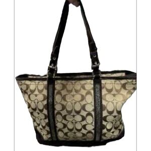 Coach Signature C Khaki Tote Jacquard Beaded Brown Suede Shoulder Bag #8K53